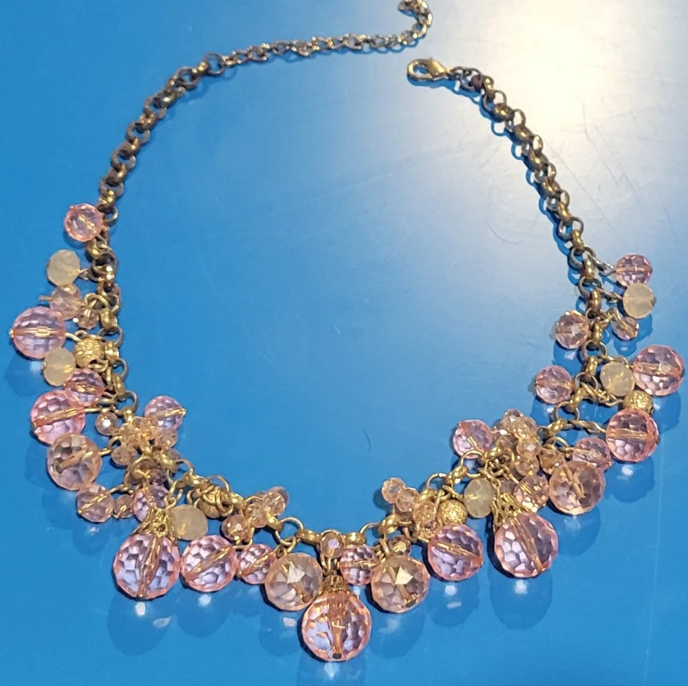 Gold Chain Beaded Pink Crystal Necklace Layered Textured Beads of Pink & Gold - Picture 1 of 5